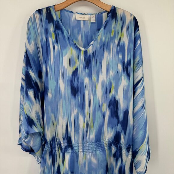 Chico's 2 Size large Blue V-Neck Tunic Top elastic waist satin womens - Picture 4 of 9